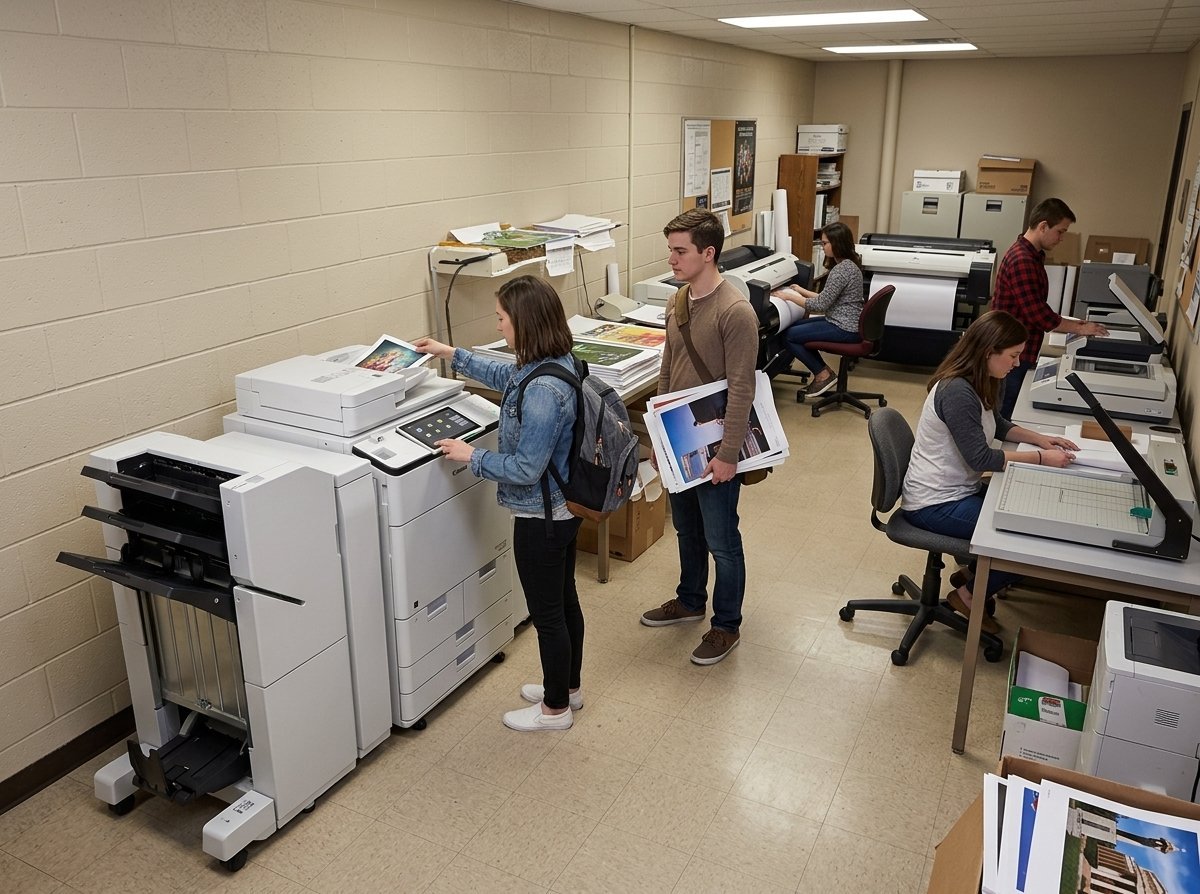 Students working in a school office with printers, copiers, and stacks of documents and papers on desks and shelves.