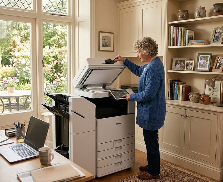 Senior man using a multifunction office printer in a home study with bookshelves and windows overlooking a garden