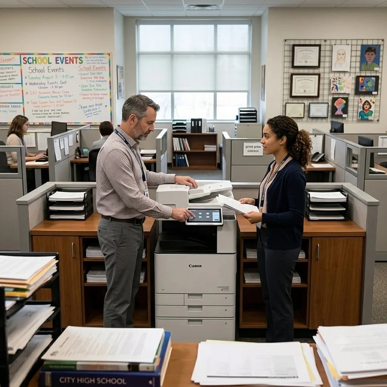 Two adults exchanging documents at a school office with a Canon printer and educational posters on the walls.