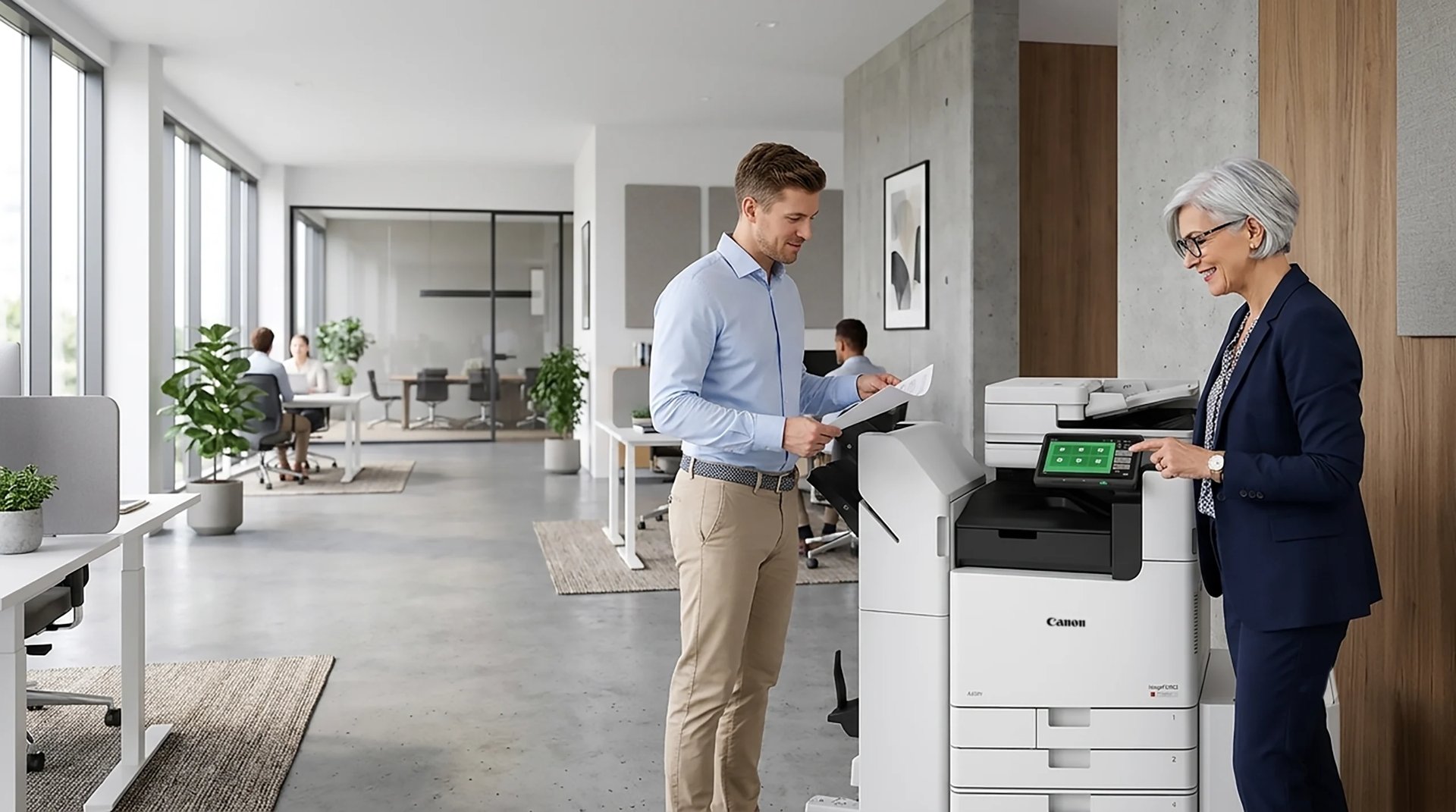 Two professionals using a Canon printer in a modern office, with the man holding a document and woman observing nearby