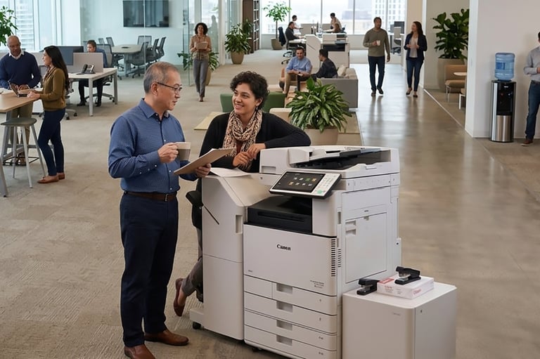 Two professionals using a multifunction printer in a modern office lobby with other employees and plants visible in background