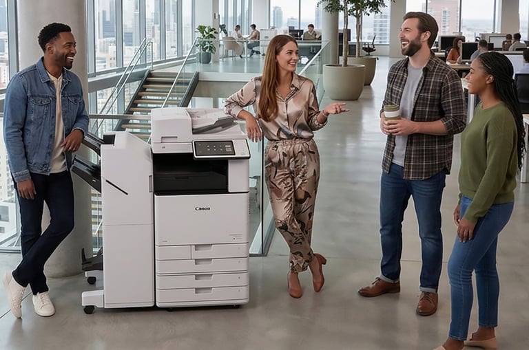 Five colleagues gathered around an office copier machine in a bright, modern workplace with city skyline visible through windows