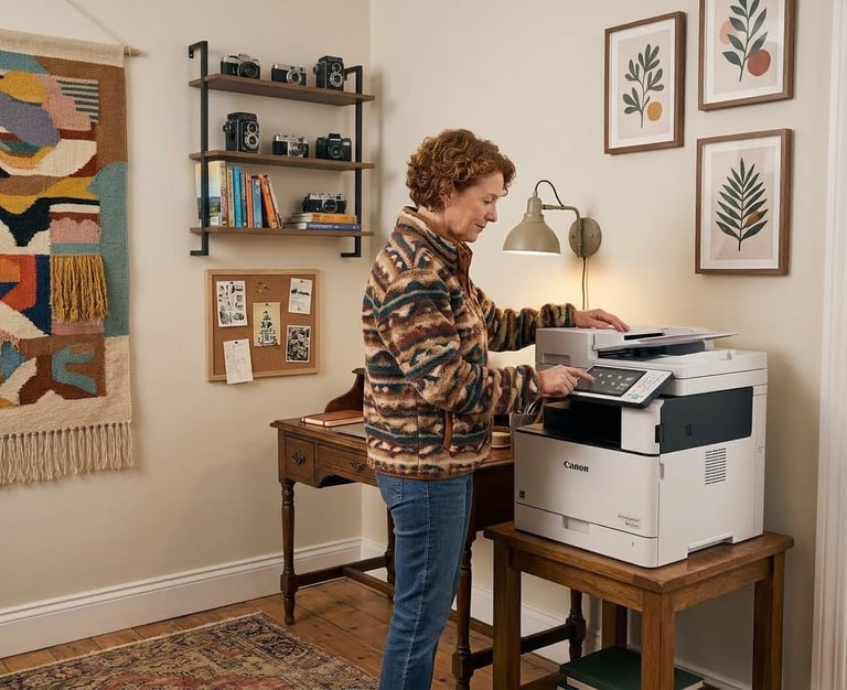 Woman with curly hair using a multifunction printer at a wooden desk in a home office with shelves, artwork, and a colorful wall hanging