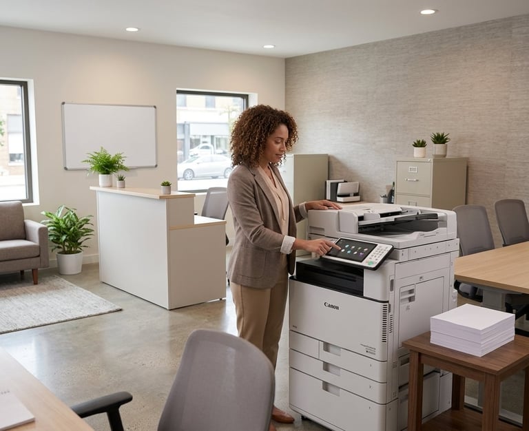 Professional woman using a multifunction printer in a modern office space with reception area and seating