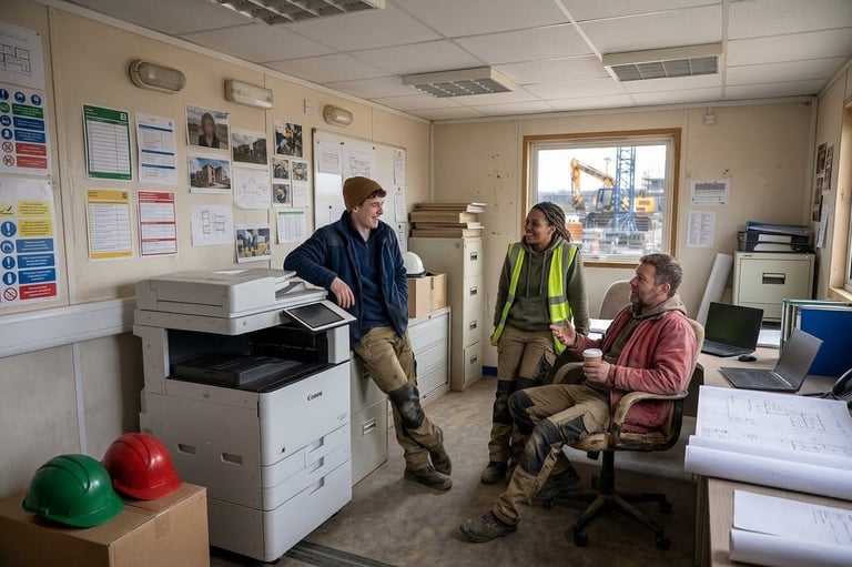 Three workers in hard hats and safety vests stand in a construction site office discussing plans near a copier and equipment