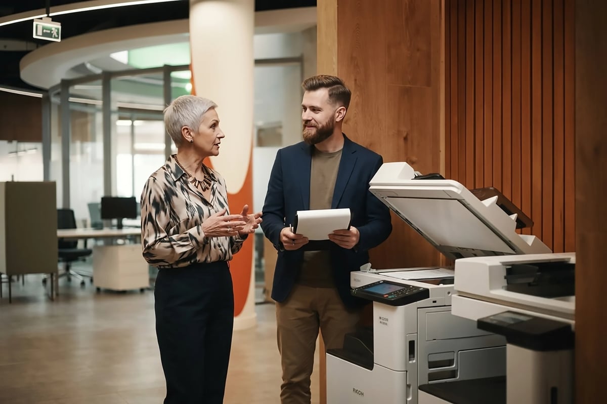 Two colleagues discussing work at a multifunction printer in a modern office environment