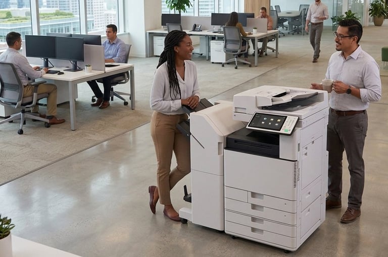 Two coworkers conversing by an office printer in a modern workplace with colleagues working at desks in the background.