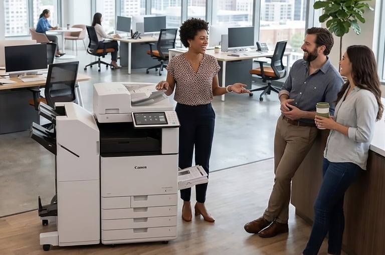 Office workers gathered around a multifunction printer in a modern workplace with desks and computers in the background