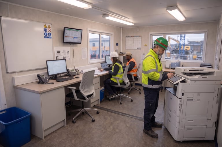 Construction workers in safety vests and hard hats working in a portable office with computers and office equipment