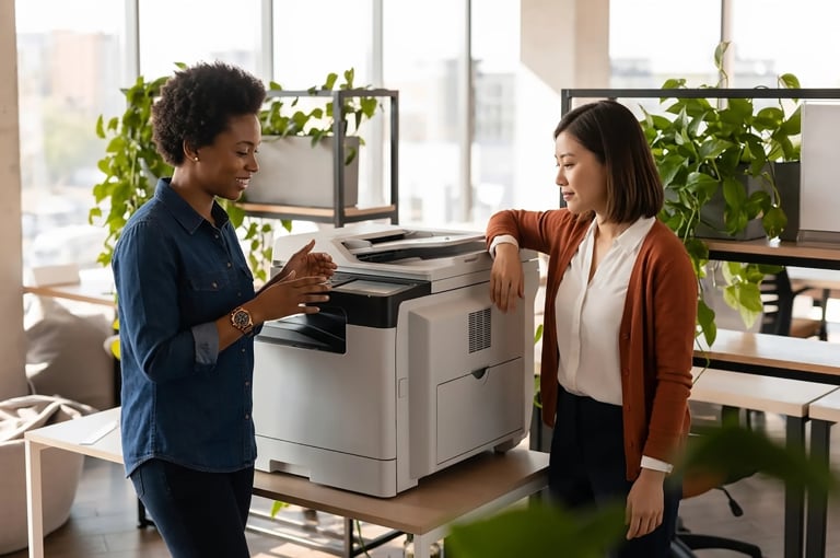 Two coworkers discussing near a multifunction printer in a modern office with plants and large windows