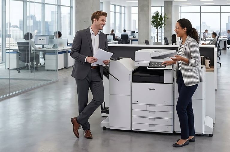 Two professionals reviewing documents by a office printer in a modern high-rise office with city skyline views
