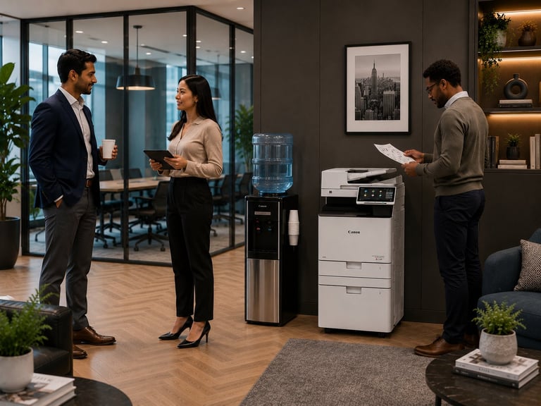 Modern office break room with three professionals, a printer, water cooler, and potted plants