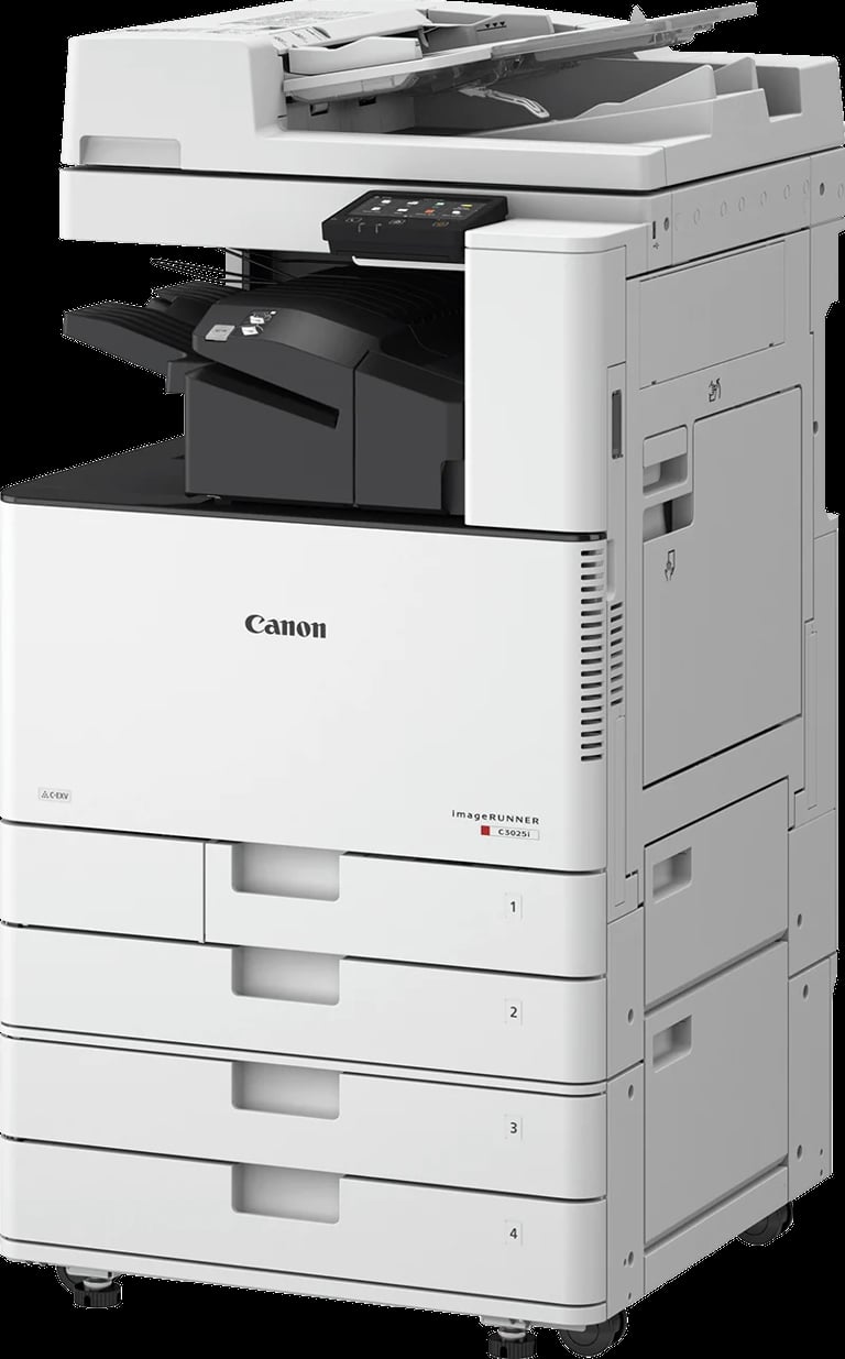 Canon imageRunner multifunction printer with white body, black tray, document feeder on top, and four paper output trays