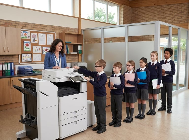 Teacher instructing a line of school children at a copier machine in a classroom with brick walls and wooden cabinets.