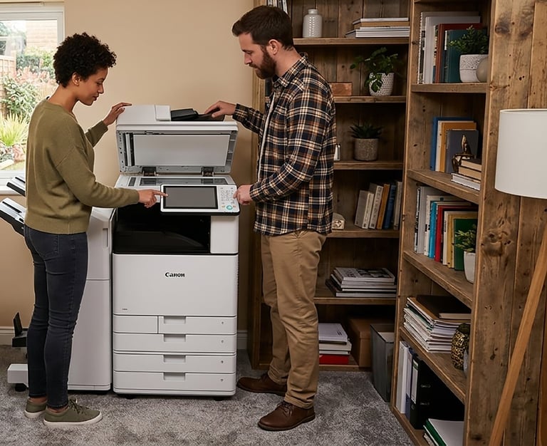 Two people using a Canon office printer in a home office with wooden shelving and books in the background