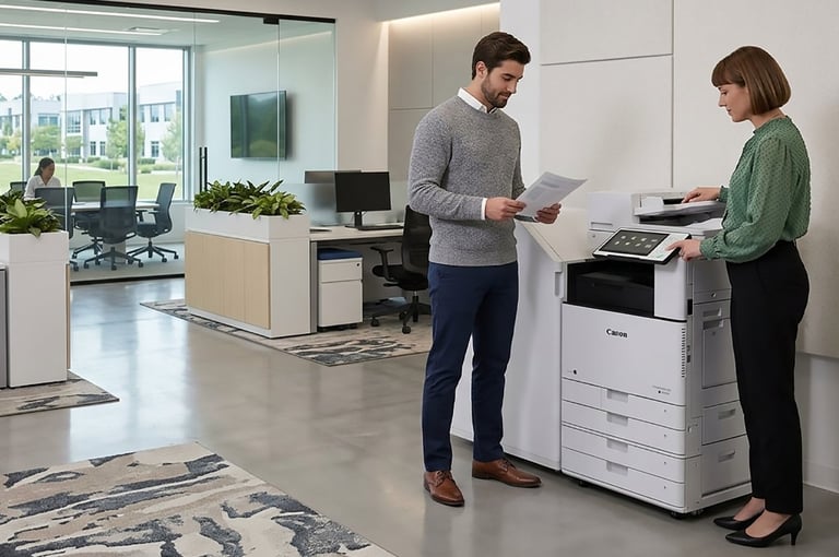 Two office workers using a multifunction printer in a modern office lobby with large windows and contemporary furnishings.