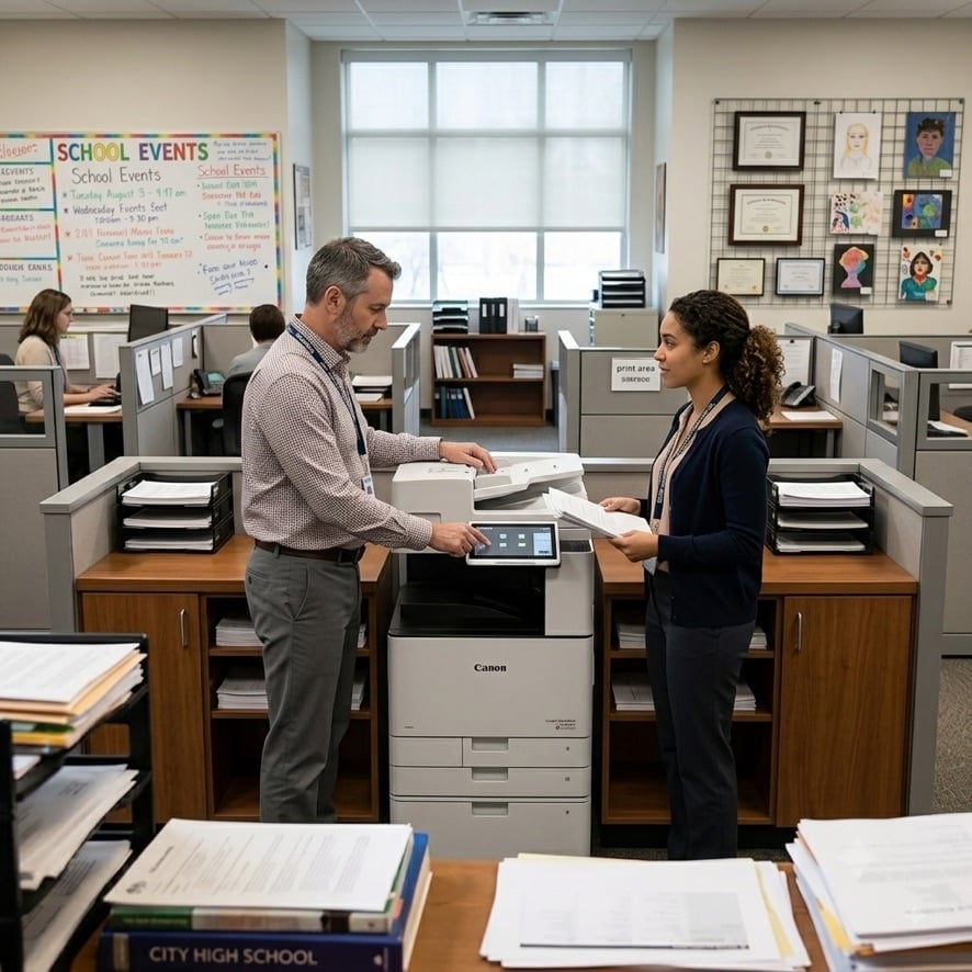 Two school administrators exchanging documents by a Canon printer in a busy office with filing cabinets and educational posters on walls.