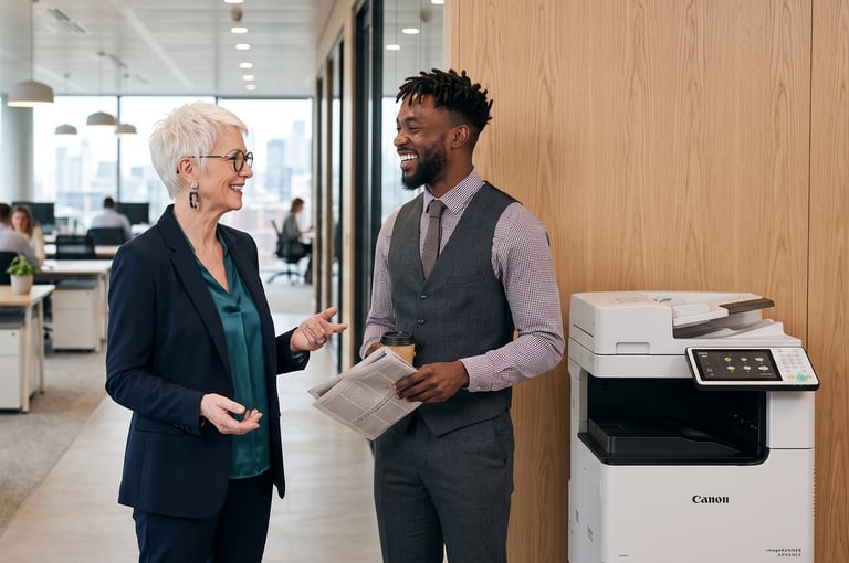 Two professionals having a conversation in an office near a Canon printer, with windows and workstations visible in the background