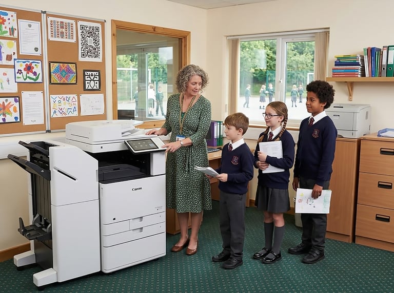 Teacher instructing three students on how to use a large office copier machine in a classroom setting.