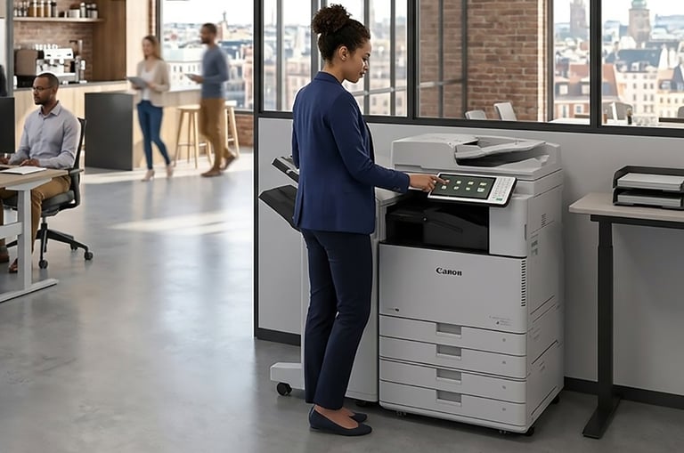 Woman in blue blazer using Canon multifunction printer in modern office with city skyline view and colleagues in background
