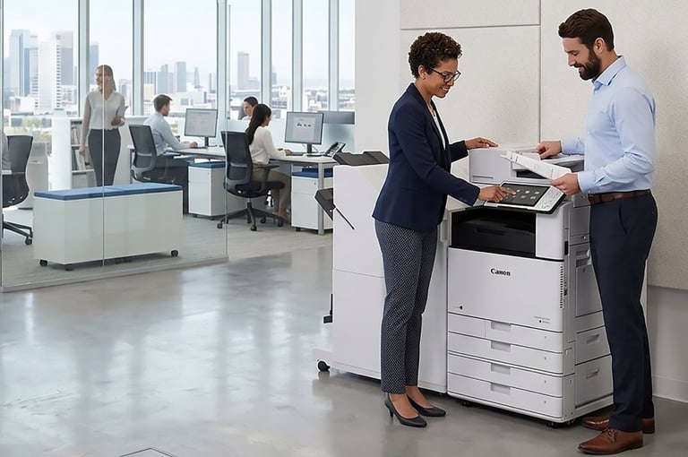 Two businesspeople using a copier in a modern office with city views and colleagues working at desks in the background