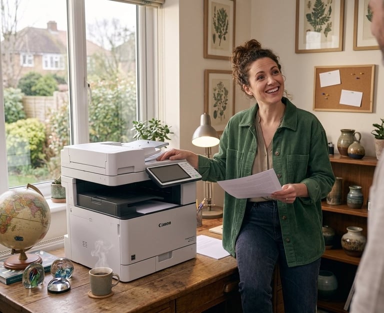 Woman in green shirt holding papers while standing at desk with multifunction printer in home office