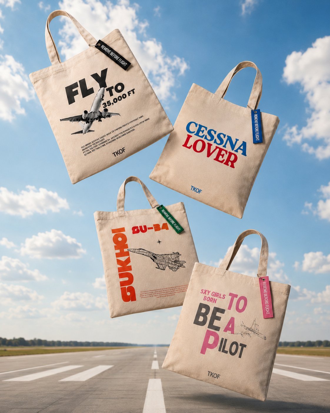 Four aviation-themed canvas tote bags displayed against an airport runway and sky background