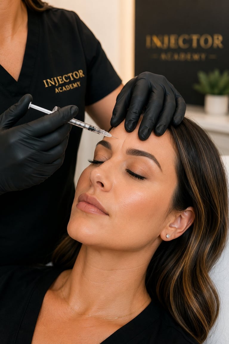 Professional administering forehead injection treatment to female client at medical aesthetic clinic
