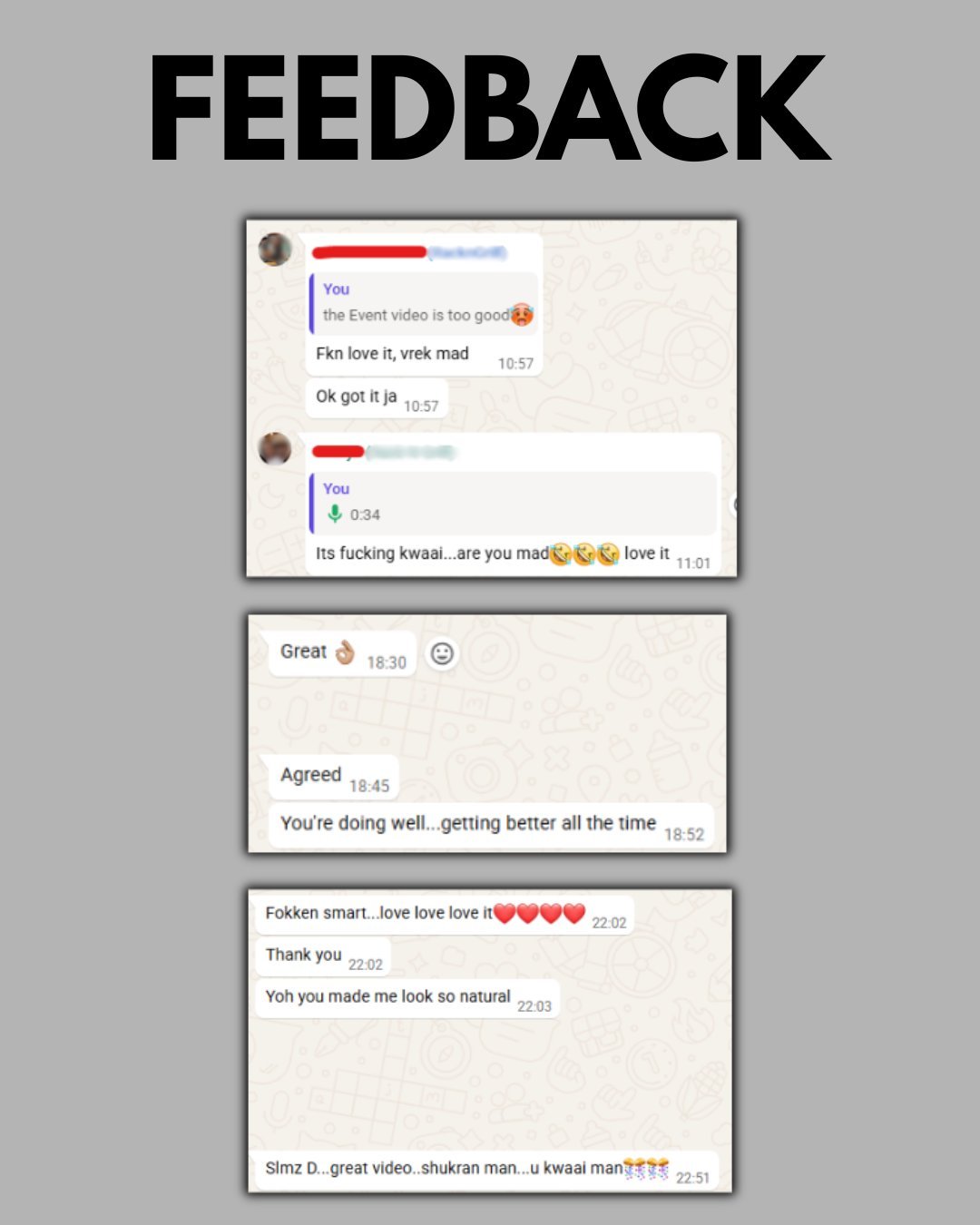 Screenshot of social media feedback and comments showing positive messages from users with timestamps and emoji reactions