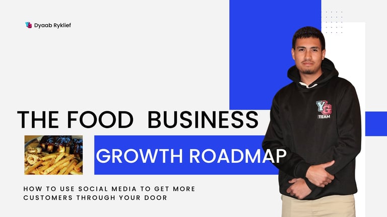 Man in black hoodie standing next to The Food Business Growth Roadmap presentation slide with pasta image and social media tips