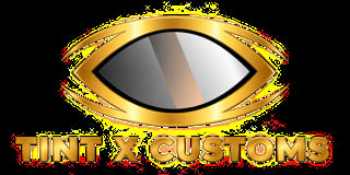 Gold eye icon with Tint X Customs text logo in red and gold letters with sparkle effects