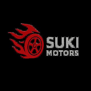 Suki Motors — logo featuring a red wheel with flaming design and gray text on black background