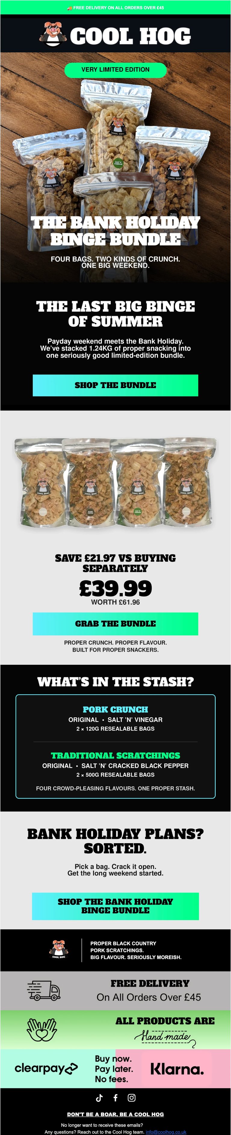 Cool Hog Bank Holiday Binge Bundle featuring four bags of pork crunch and traditional scratchings snacks for £39.99