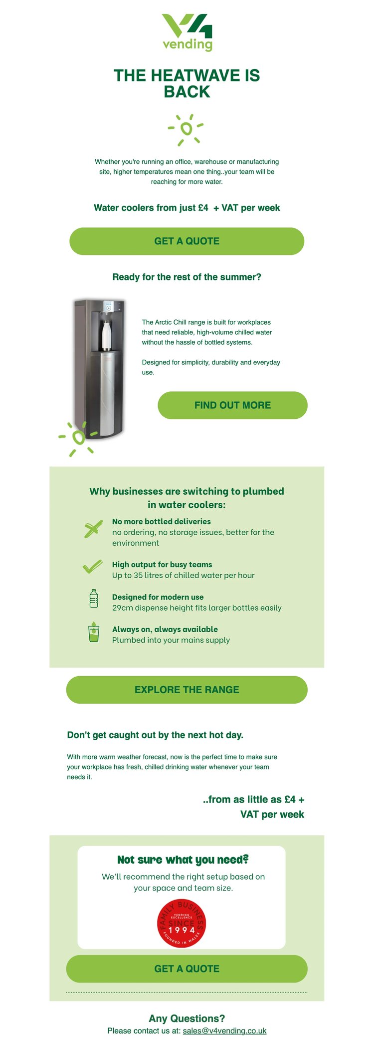 Vending promotional flyer advertising water coolers starting from £4 per week with pricing, features, and call-to-action buttons