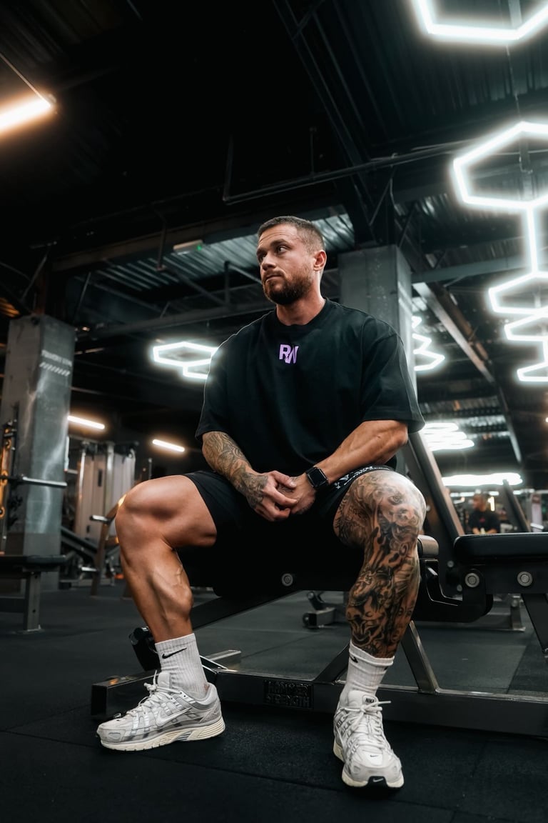 Tattooed man in black shirt crouching in modern gym with neon lights and industrial ceiling