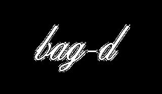 Stylized white cursive text reading bag-d on black background