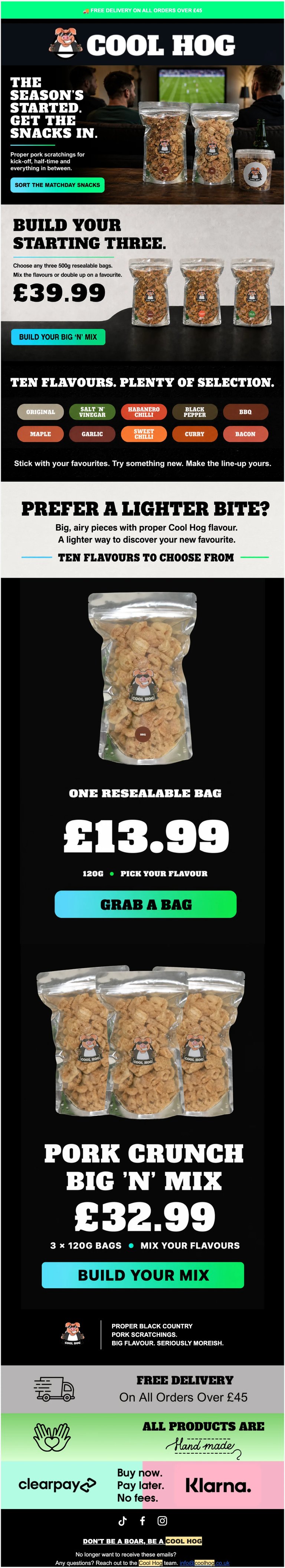 Cool Hog snacks menu showing pork scratchings in various bag sizes and flavors with prices and ordering options