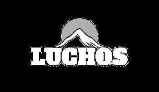 Luchos logo with white text and mountain icon on black background