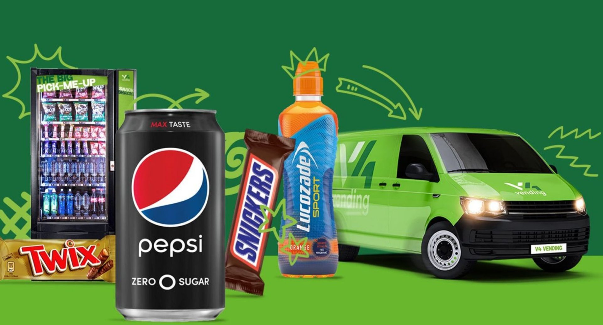 Vending machine, Pepsi Zero Sugar can, candy bars, sports drink bottle and green delivery van on green background