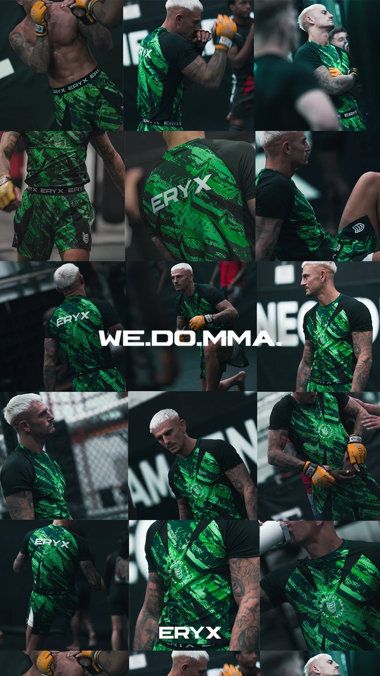 Grid of MMA fighters wearing green and black ERYX brand fight gear with yellow hand wraps in training and combat scenarios