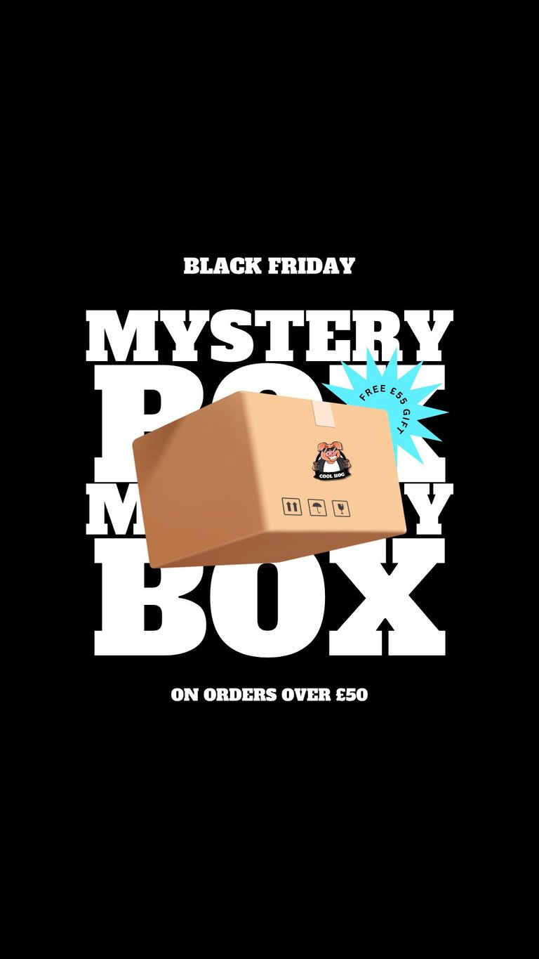 Black Friday mystery box promotional poster with cardboard package, free gift label and text on orders over £50