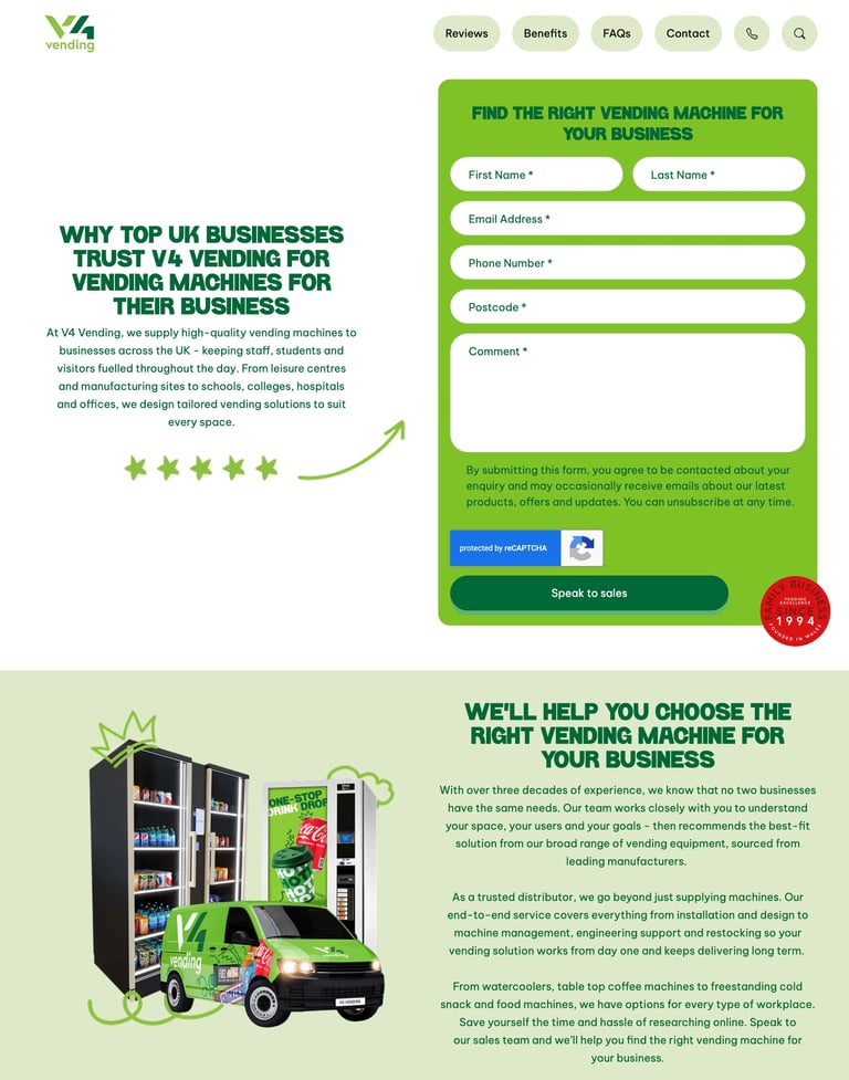 V4 Vending website showing form to find vending machines for businesses with testimonial about UK vending services