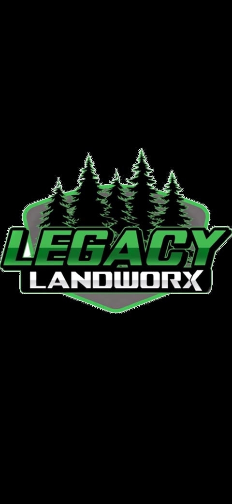 Legacy Landworx logo featuring green text on a shield with silhouettes of evergreen trees