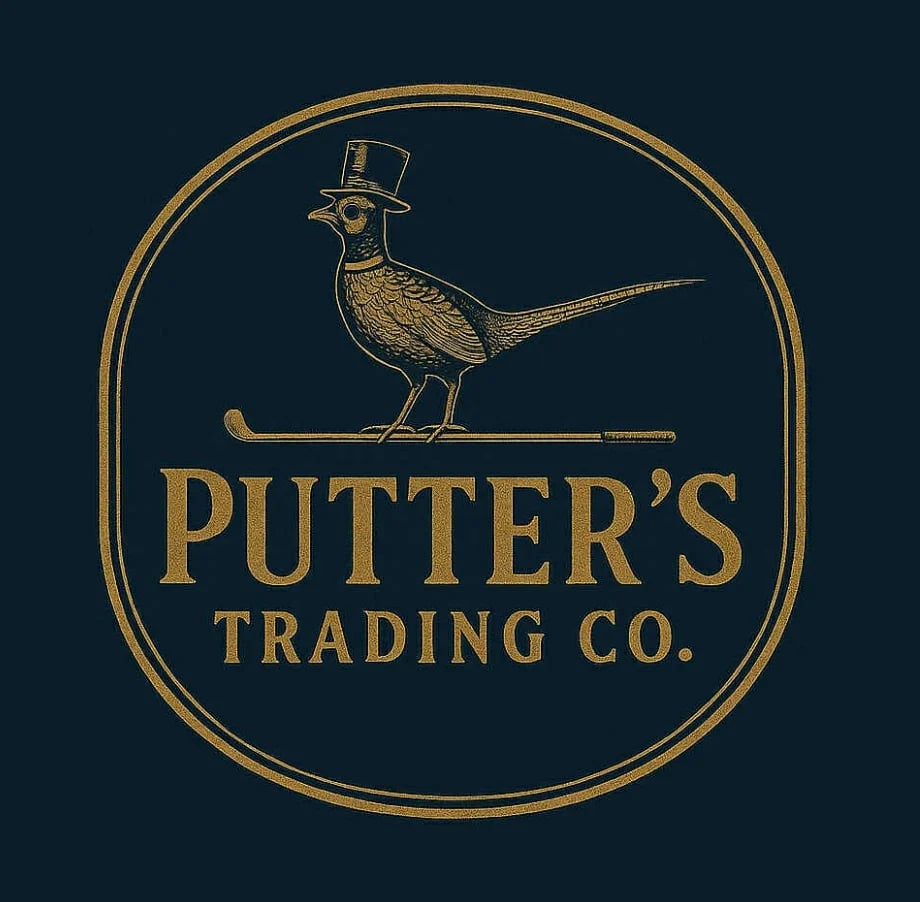Putter's Trading Co. logo featuring a bird in a top hat holding a golf club on dark background