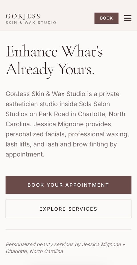 GorJess Skin & Wax Studio mobile homepage showing the responsive Enhance What's Already Yours layout with a full-width Book Your Appointment button.