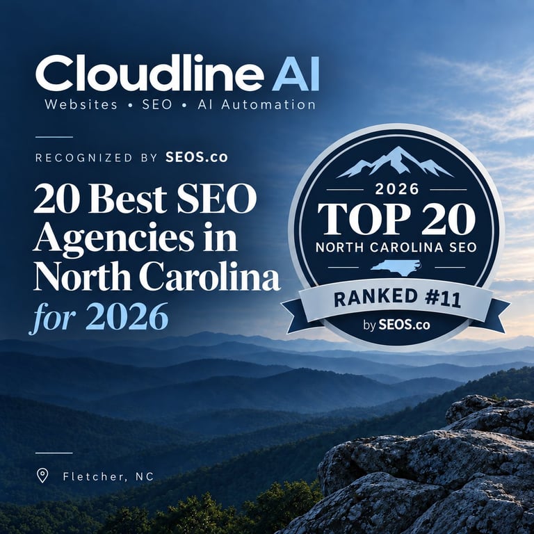 Cloudline AI recognition graphic showing the SEOS.co 2026 Top 20 North Carolina SEO badge, ranked #11, against a layered mountain landscape