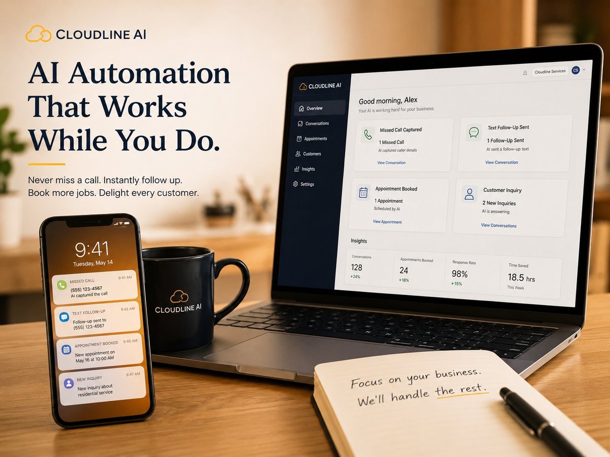 Cloudline AI automation platform displayed on smartphone and laptop with coffee mug on wooden desk, showing dashboard interface