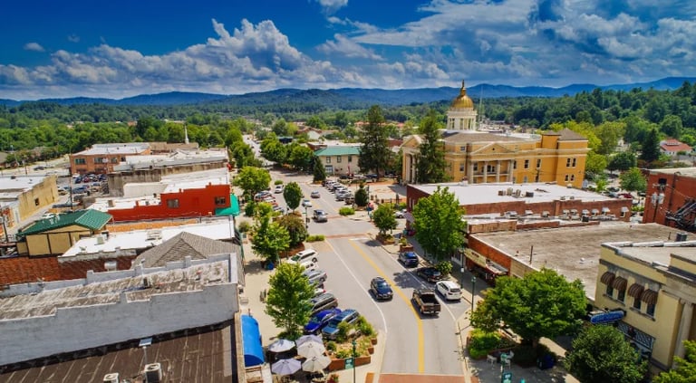 Aerial view of Hendersonville with a golden-domed capitol building, tree-lined streets, and mountains in the background.