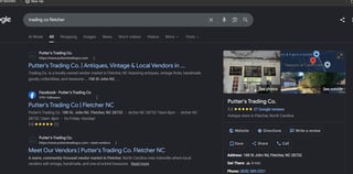 Google search results for Putter's Trading Co., an independent vendor market and trading company in Fletcher, North Carolina
