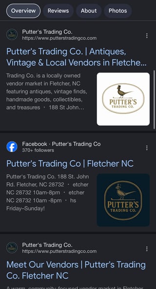 Google search results for Putter's Trading Co., an independent vendor market and trading company in Fletcher, North Carolina